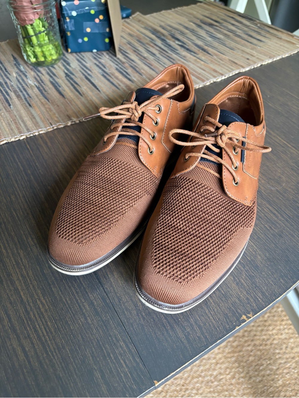 Men's Tan Knit Derby Shoes with Leather Accents
